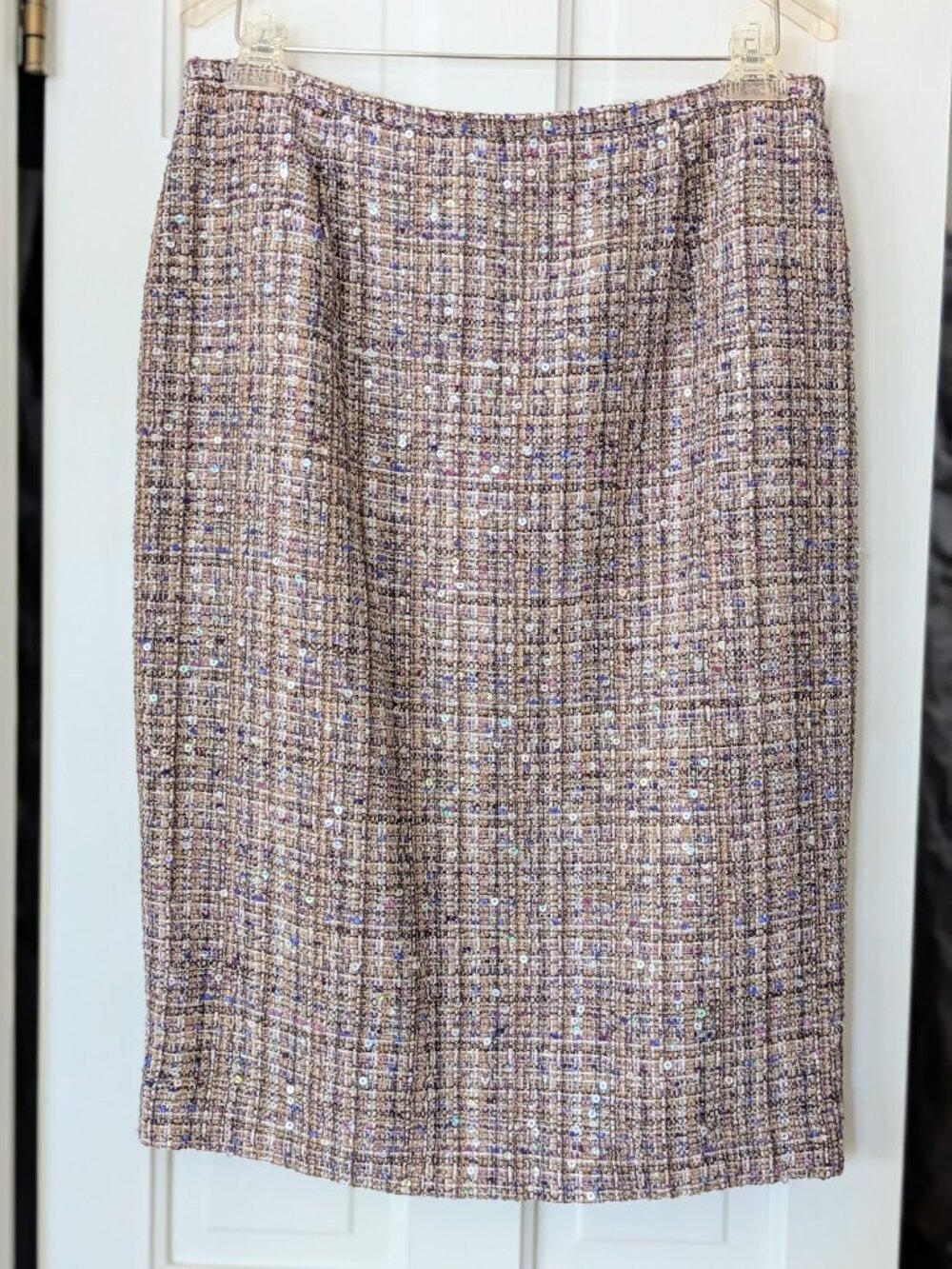 Lafayette 148 NY Metallic Shimmer Tweed Pencil Skirt Tan Silver Size 10
